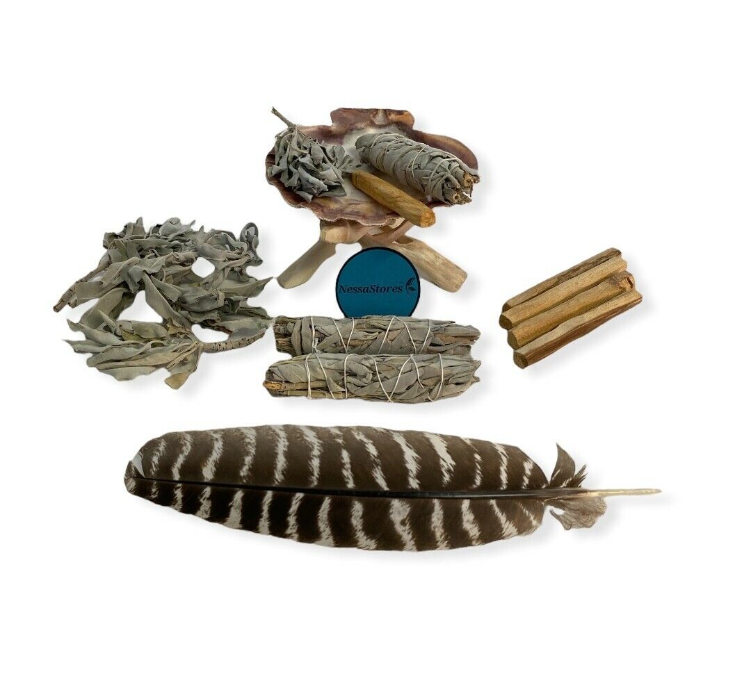 Natural Smudge Kit - Shell + Stand + Sages x2 + Palo + Feather (1 Kit) #JC-229