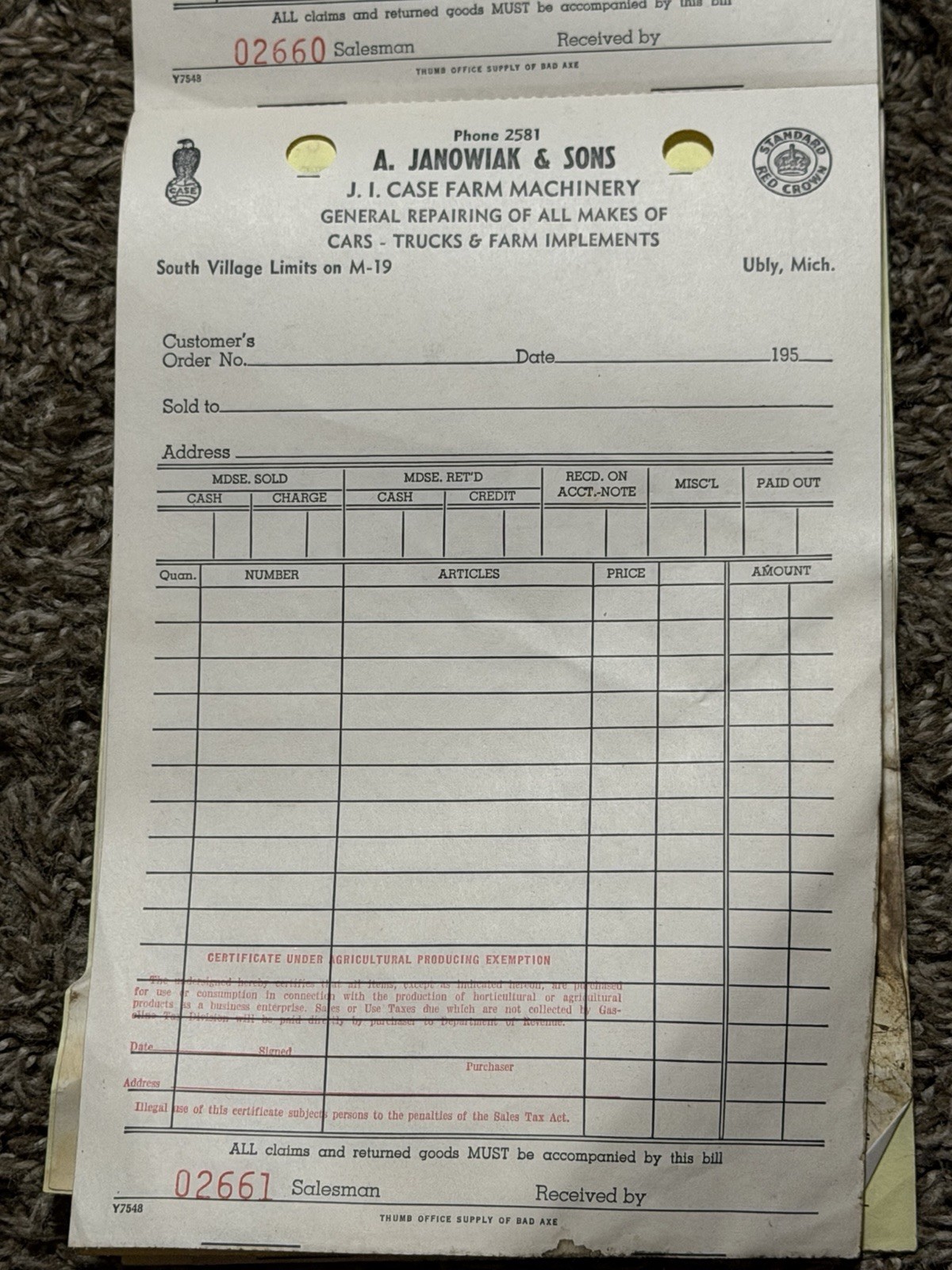 Vtg J. I. Case Red Crown Gasoline Ubly MI Dealer Sales Receipts (19 Total)