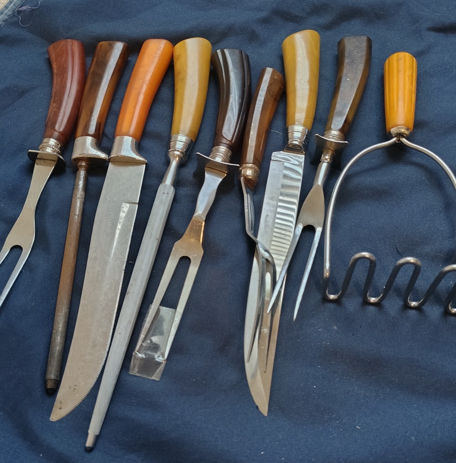 Vintage Bakelite Handle Cutlery Lot Carving Knives Forks Steels Masher 9 Pcs