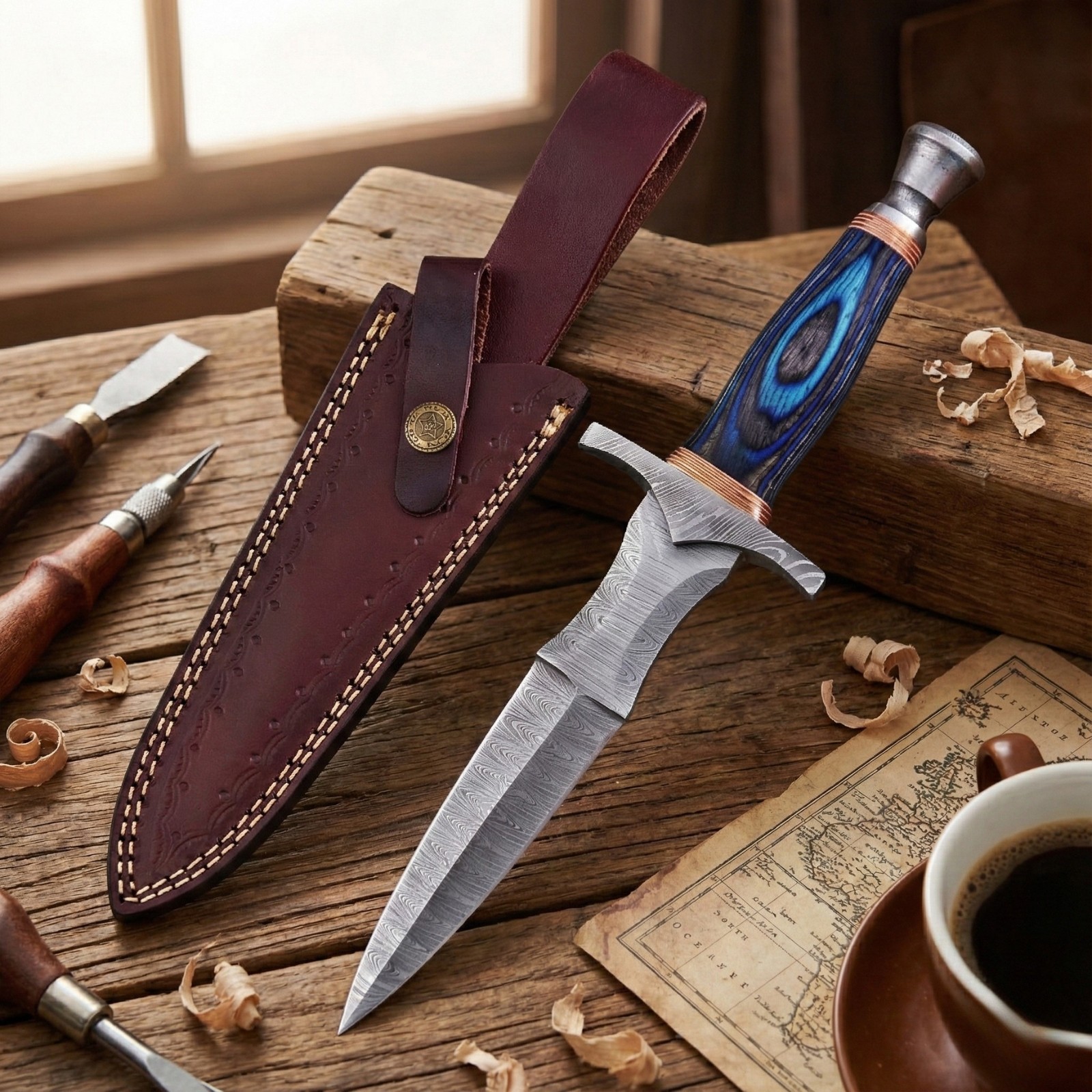 SHARD Handmade Damascus Steel Dagger Knife Blue Pakkawood Fixed Blade w/Sheath SHARD Handmade Damascus Steel Dagger Knife Blue Pakkawood Fixed Blade w/Sheath