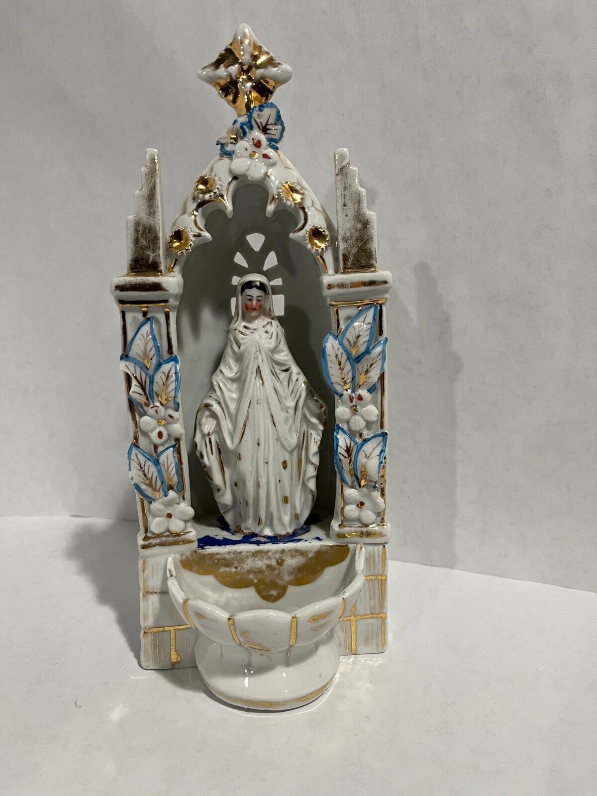 Madonna holy water font, vintage, porcelain, free standing, some flaws