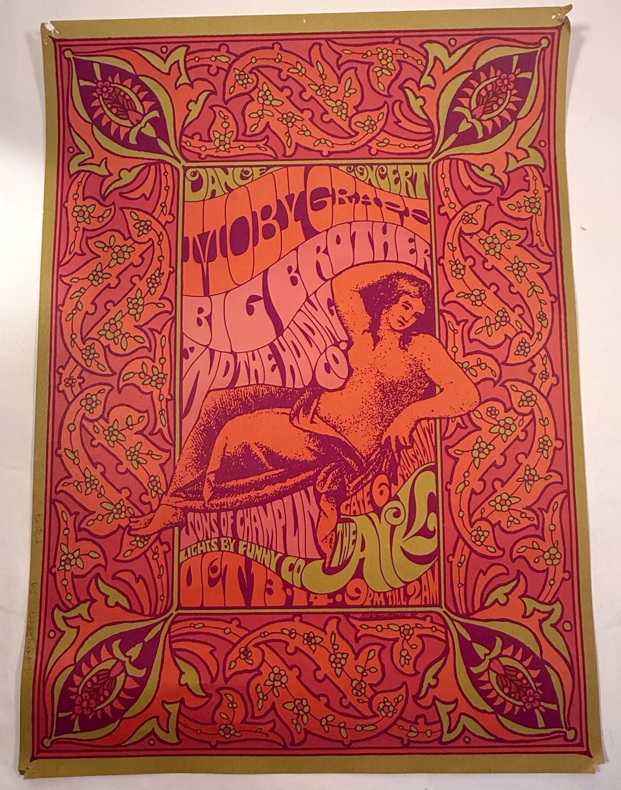 Vintage 1967 Janis Joplin Big Brother Moby Grape Ark Concert Poster Original Vintage 1967 Janis Joplin Big Brother Moby Grape Ark Concert Poster Original