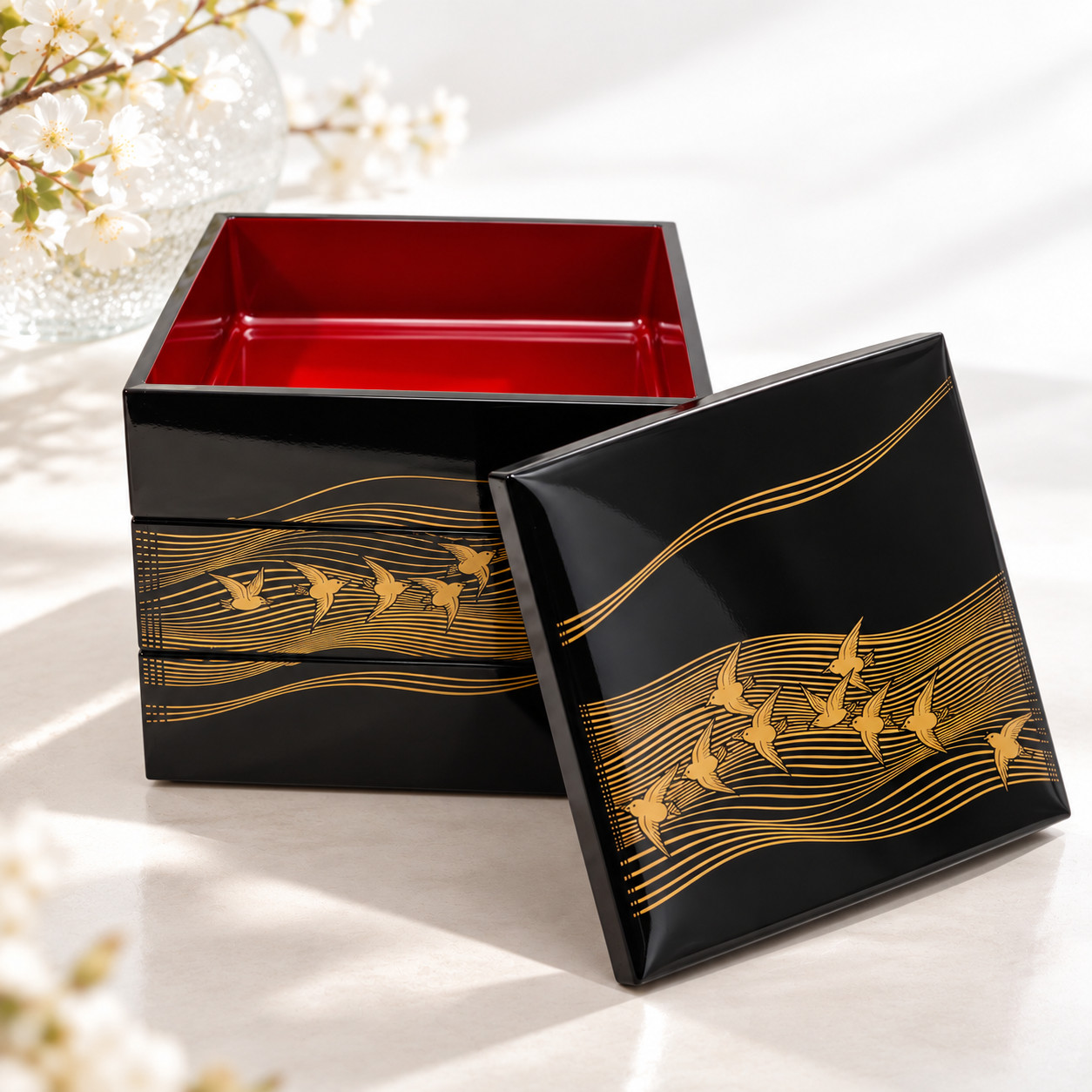 Vintage 1980s Japanese Jubako 3 Tier Lacquer Bento Box Gold Birds Waves Mint 5x5 Vintage 1980s Japanese Jubako 3 Tier Lacquer Bento Box Gold Birds Waves Mint 5x5