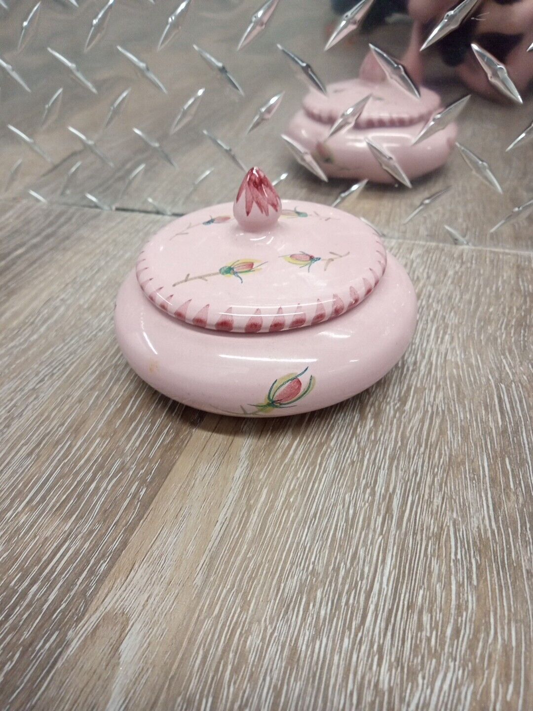 Vintage Italian Deruta Pottery Trinket Dish Vanity Jewelry Box Pink Rose Flower