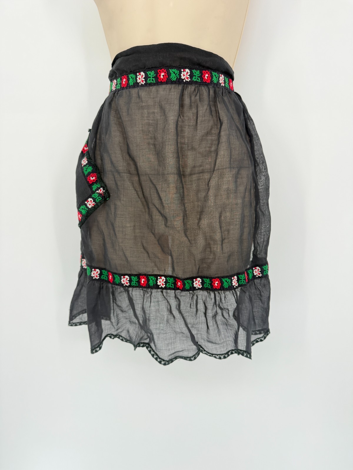 Vintage Sheer Black Embroidered Folk Apron Skirt Overlay Floral Trim Cottagecore