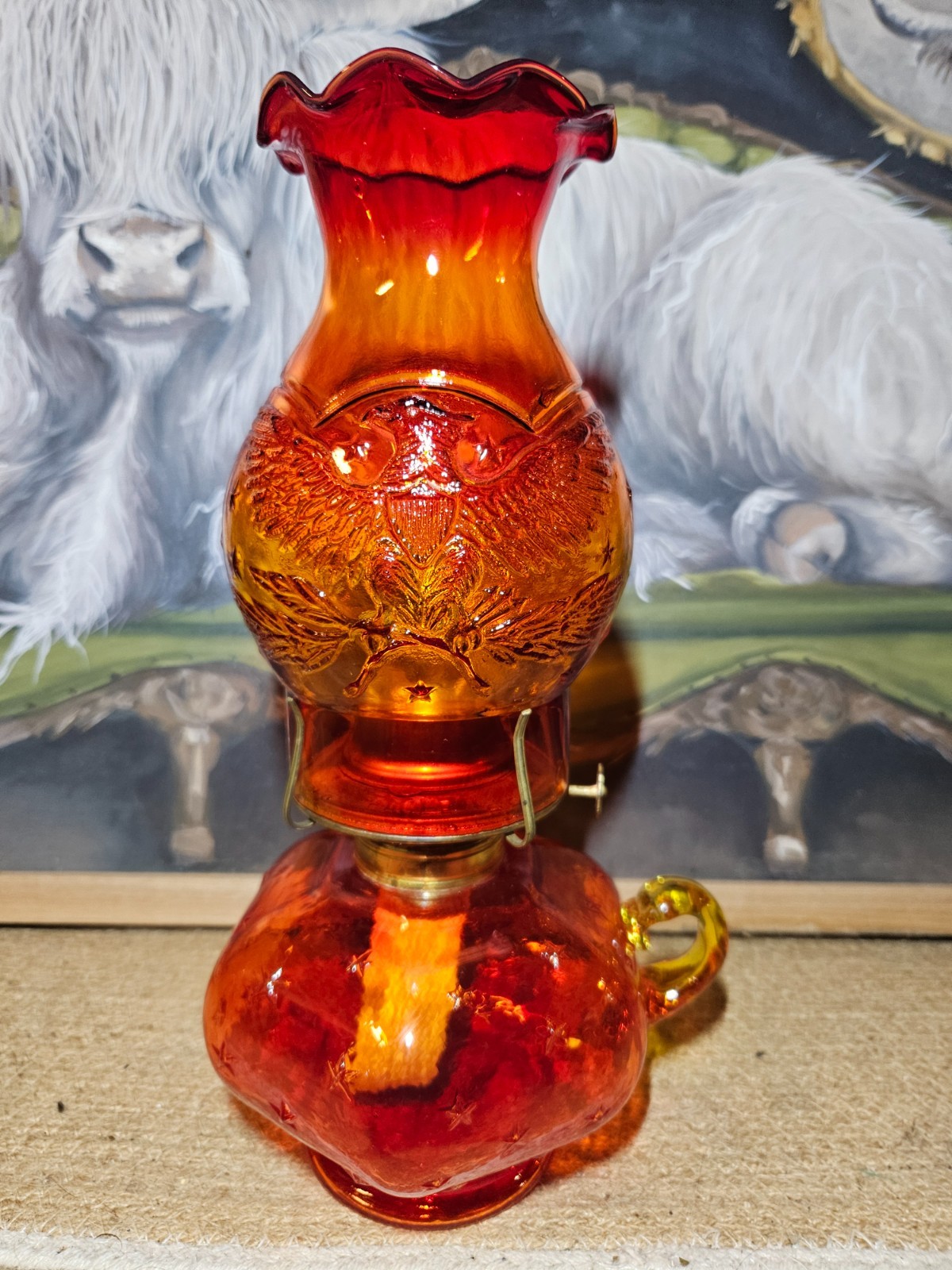 RARE Vintage L.E. Smith Amberina Eagle & Stars Oil Lamp, Glows Under a UV Light RARE Vintage L.E. Smith Amberina Eagle & Stars Oil Lamp, Glows Under a UV Light
