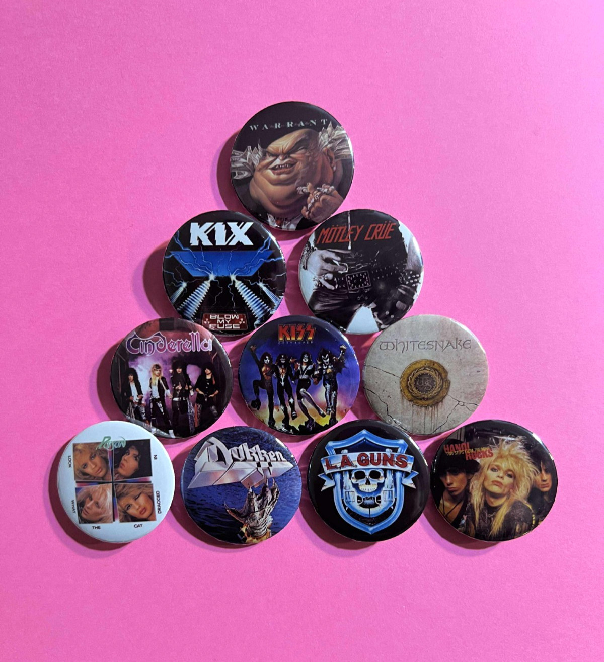 Glam Metal 1.25" Button Pin Lot (10) Hanoi Rocks Kiss Motley Crue Dokken Warrant Glam Metal 1.25" Button Pin Lot (10) Hanoi Rocks Kiss Motley Crue Dokken Warrant
