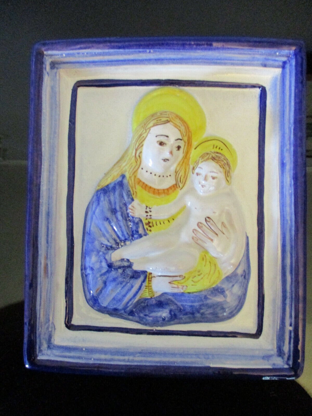 Vintage Italy Art Pottery Madonna Child Virgin Mary Jesus Portrait Plaque Tile