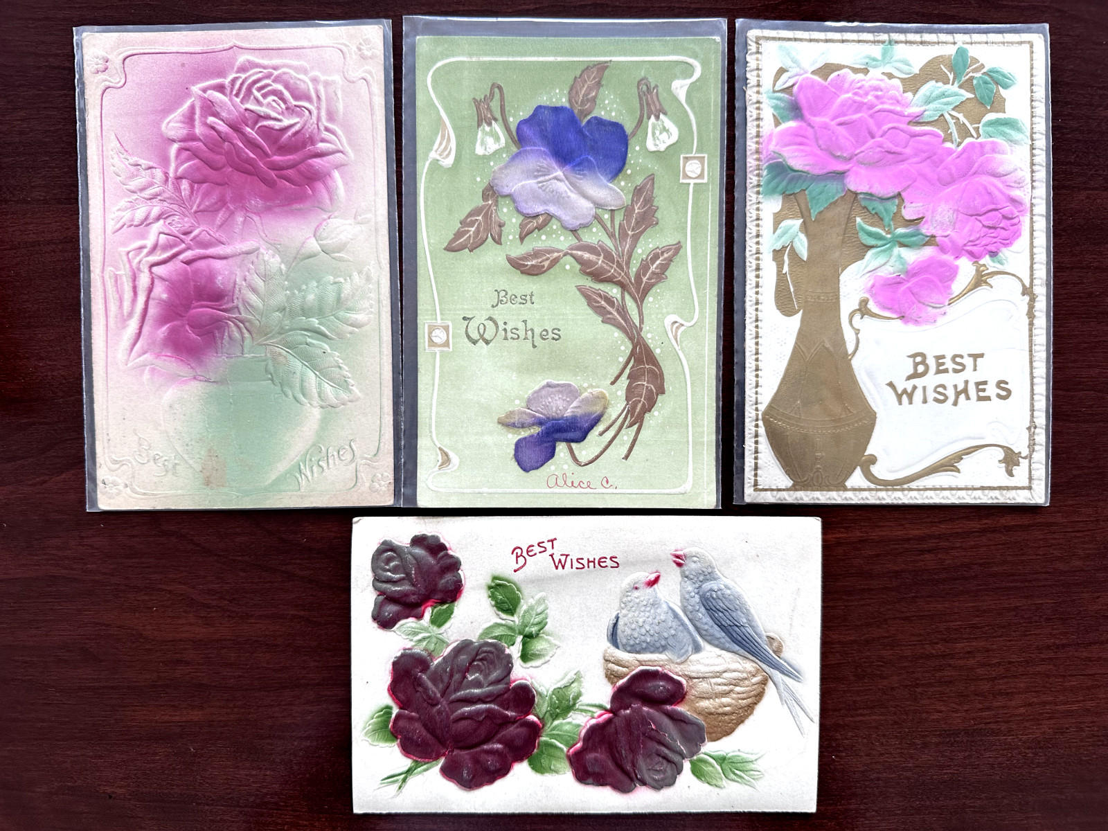 FOUR ANTIQUE FLORAL FLOWER EMBOSSED POSTCARDS G648 FOUR ANTIQUE FLORAL FLOWER EMBOSSED POSTCARDS G648