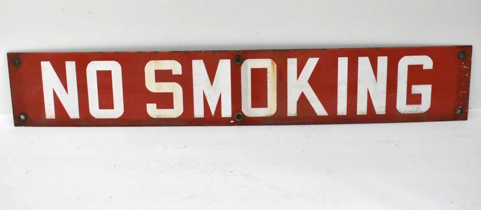 Vintage NO SMOKING Painted Metal Sign 24” Long by 4” Red White Grommets Vintage NO SMOKING Painted Metal Sign 24” Long by 4” Red White Grommets