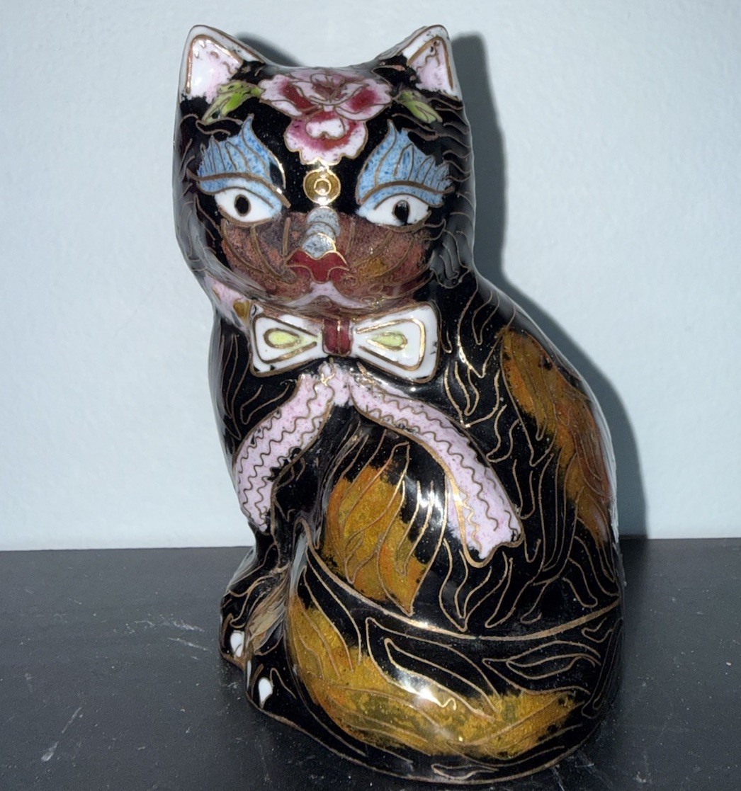 Vintage figurine Kitten chinese brass cloisonné enamels hand painted