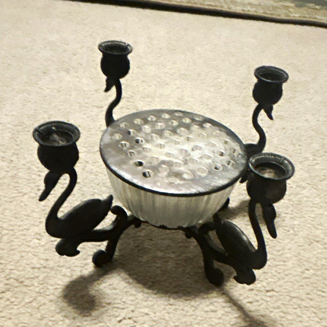 Black Metal Swan Candelabra w/ Clear Glass Bowl Insert, Holds Taper Candle Black Metal Swan Candelabra w/ Clear Glass Bowl Insert, Holds Taper Candle