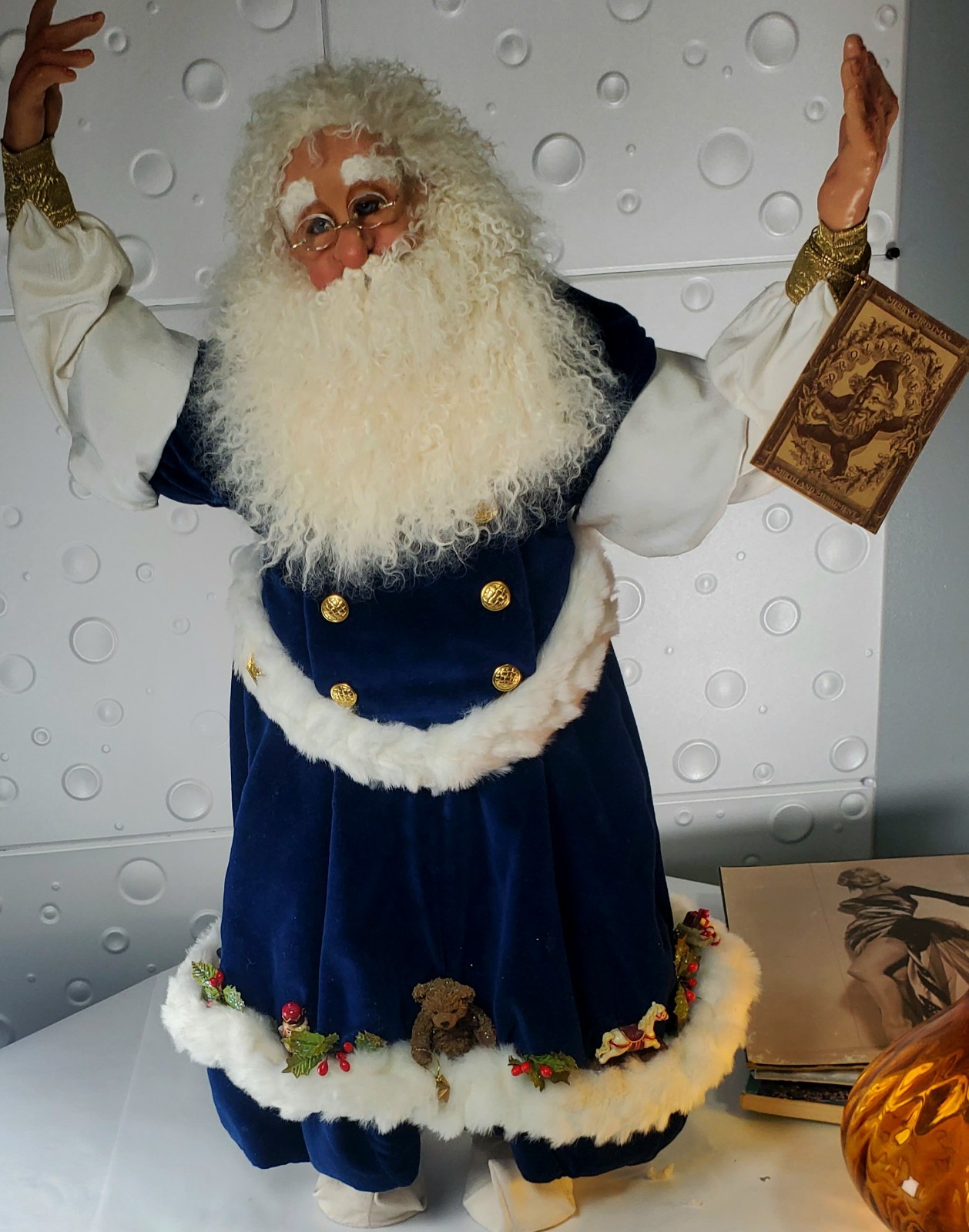 Large 27" Vintage Drolleries Blue Velvet Father Christmas Santa Greeter Large 27" Vintage Drolleries Blue Velvet Father Christmas Santa Greeter