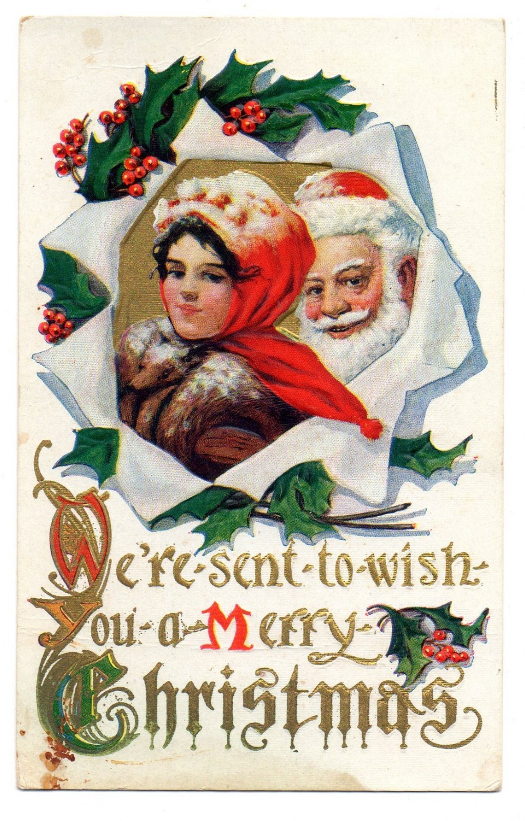 Antique 1912 Christmas Postcard Santa Claus Girl Holly Embossed Ephemera Antique 1912 Christmas Postcard Santa Claus Girl Holly Embossed Ephemera