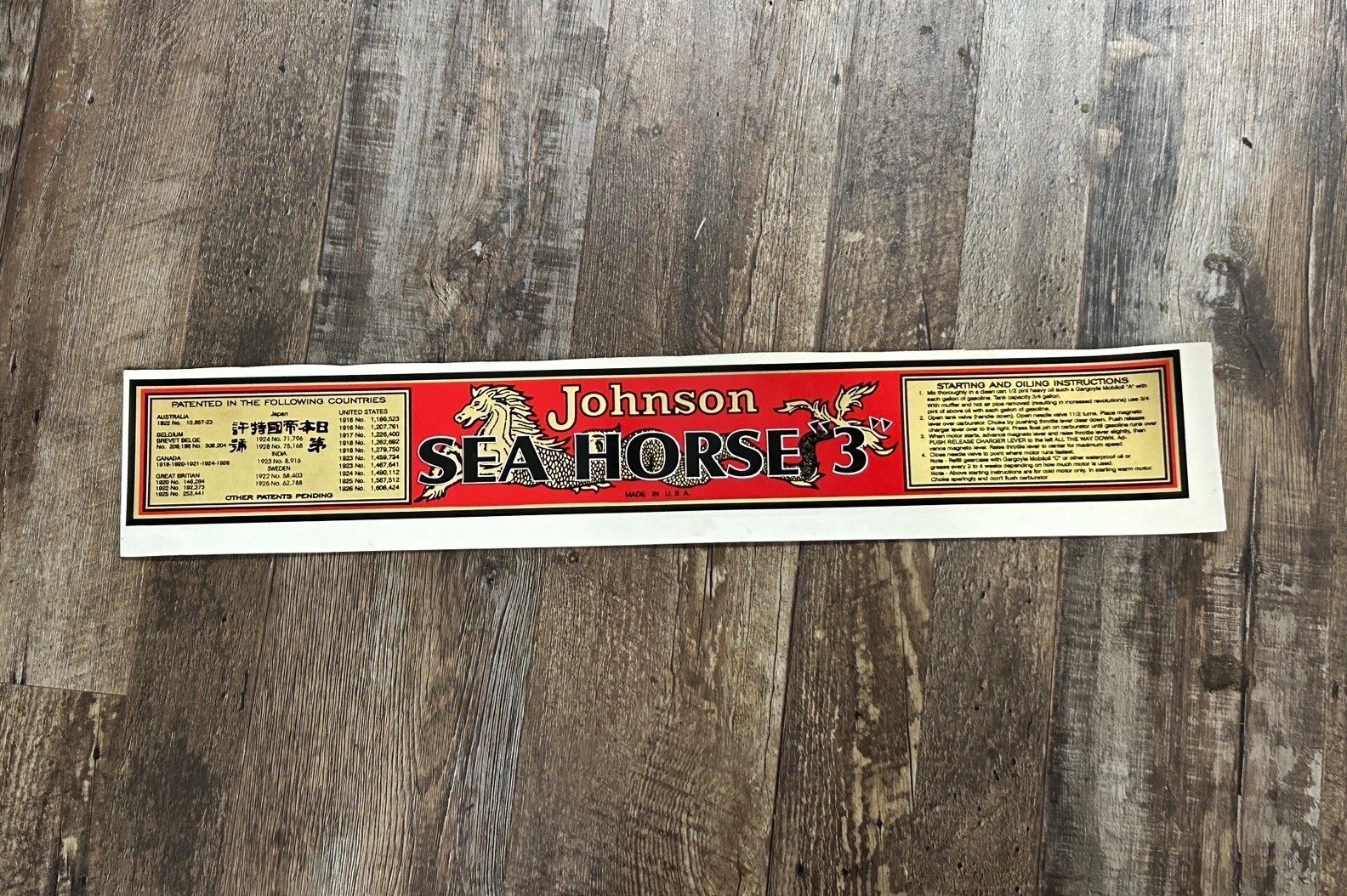 Johnson Sea Horse 3 decal 1929- Red White Black Gold A-45 3 HP outboard engine Johnson Sea Horse 3 decal 1929- Red White Black Gold A-45 3 HP outboard engine