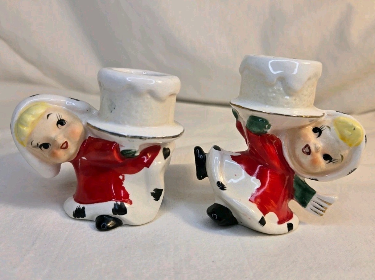 Vtg 1950s Japan Christmas Girl Figurine Ceramic Napco? Norcrest? Candle Holders Vtg 1950s Japan Christmas Girl Figurine Ceramic Napco? Norcrest? Candle Holders