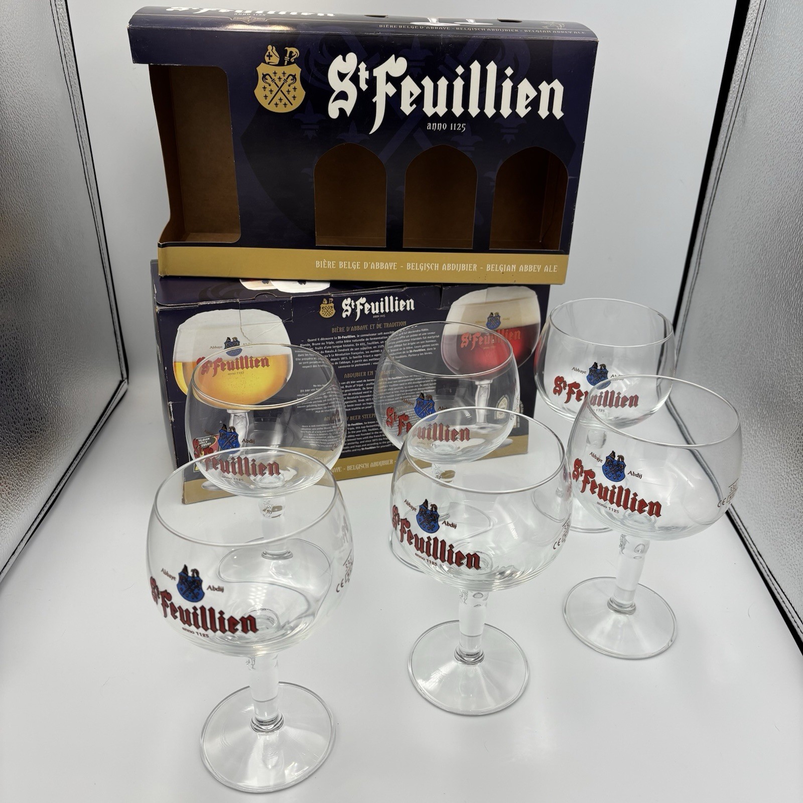 Set of 6 St Feuillien Belgian Beer Chalice Glasses 33cl + Collectable Boxes Set of 6 St Feuillien Belgian Beer Chalice Glasses 33cl + Collectable Boxes