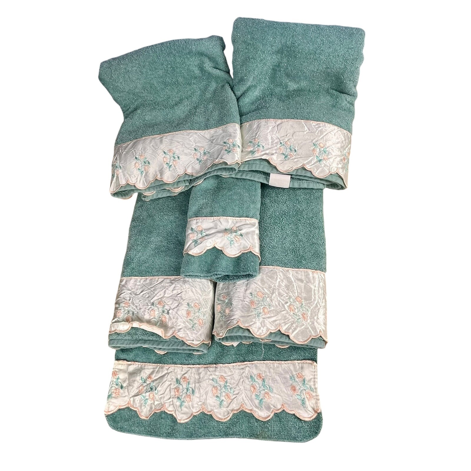 Vintage Cannon Towel Set Teal Floral Satin Trim Ruffle Lot of 6 USA Cottagecore Vintage Cannon Towel Set Teal Floral Satin Trim Ruffle Lot of 6 USA Cottagecore