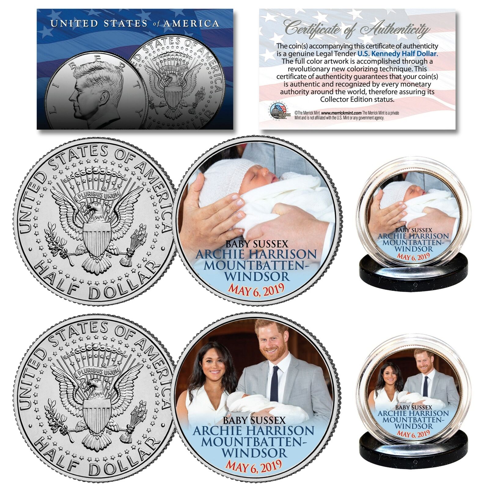 BABY ARCHIE SUSSEX May 6th 2019 Prince Harry & Markle JFK Half Dollar 2-Coin Set