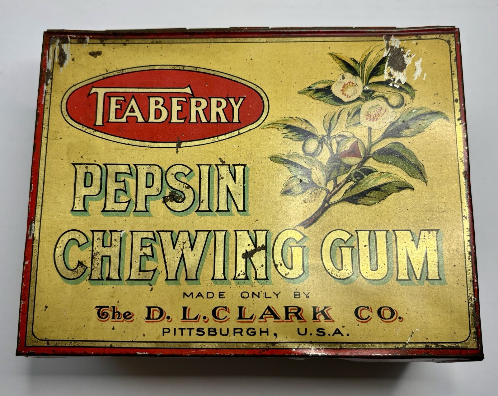 Antique Clarks Teaberry Pepsin Gum Litho Store Counter Display Box Tin 1906 Antique Clarks Teaberry Pepsin Gum Litho Store Counter Display Box Tin 1906