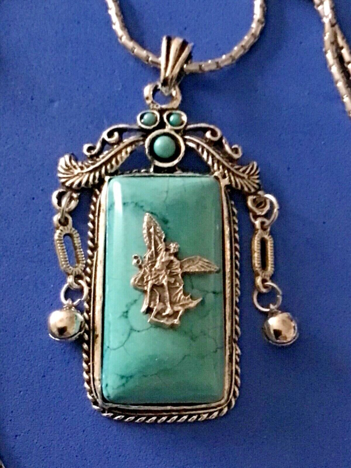 Custom Archangel St Michael Turquoise Howlite Pendant Necklace 30” Cowgirl Bling