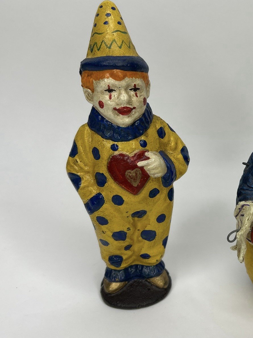 Cast Iron Kid Clown Still Bank Circus Heart Polka Dots Happy Redhead Boy Vintage Cast Iron Kid Clown Still Bank Circus Heart Polka Dots Happy Redhead Boy Vintage