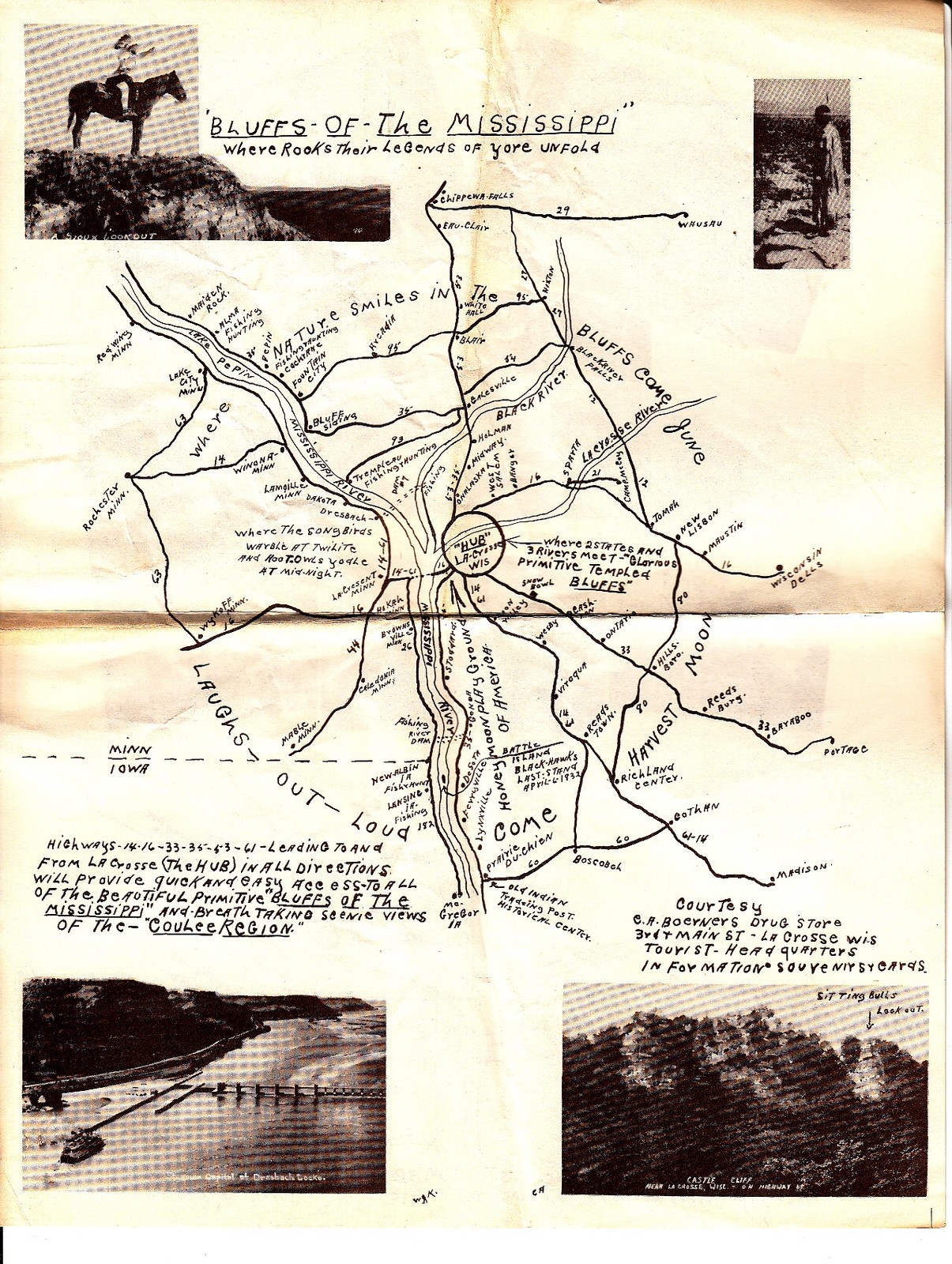 Bluffs of the Mississippi Wisconsin Vintage Tourist Map Boerners Drug Store Bluffs of the Mississippi Wisconsin Vintage Tourist Map Boerners Drug Store