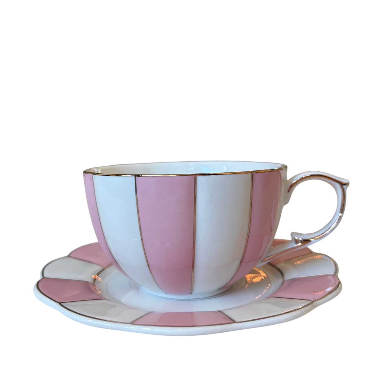 Grace Teaware Fine Porcelain Teacup & Saucer Pink White Striped Gold Accents New Grace Teaware Fine Porcelain Teacup & Saucer Pink White Striped Gold Accents New