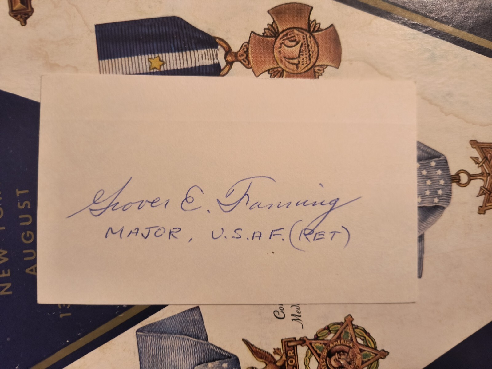WWII Fighter Ace Major GROVER E. FANNING, 9th FS/ 49th FG 9Vs Signed 3x5 SCARCE