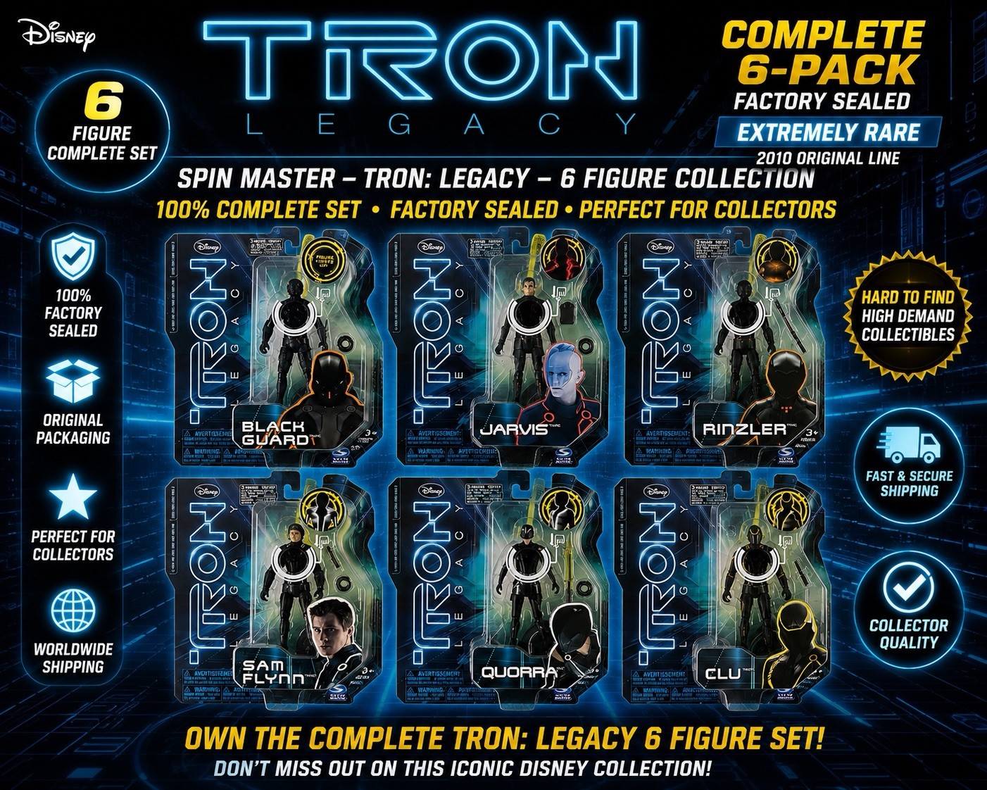 Disney TRON Legacy Complete 6 Figure Set Spin Master Factory Sealed Rare 2010 Disney TRON Legacy Complete 6 Figure Set Spin Master Factory Sealed Rare 2010