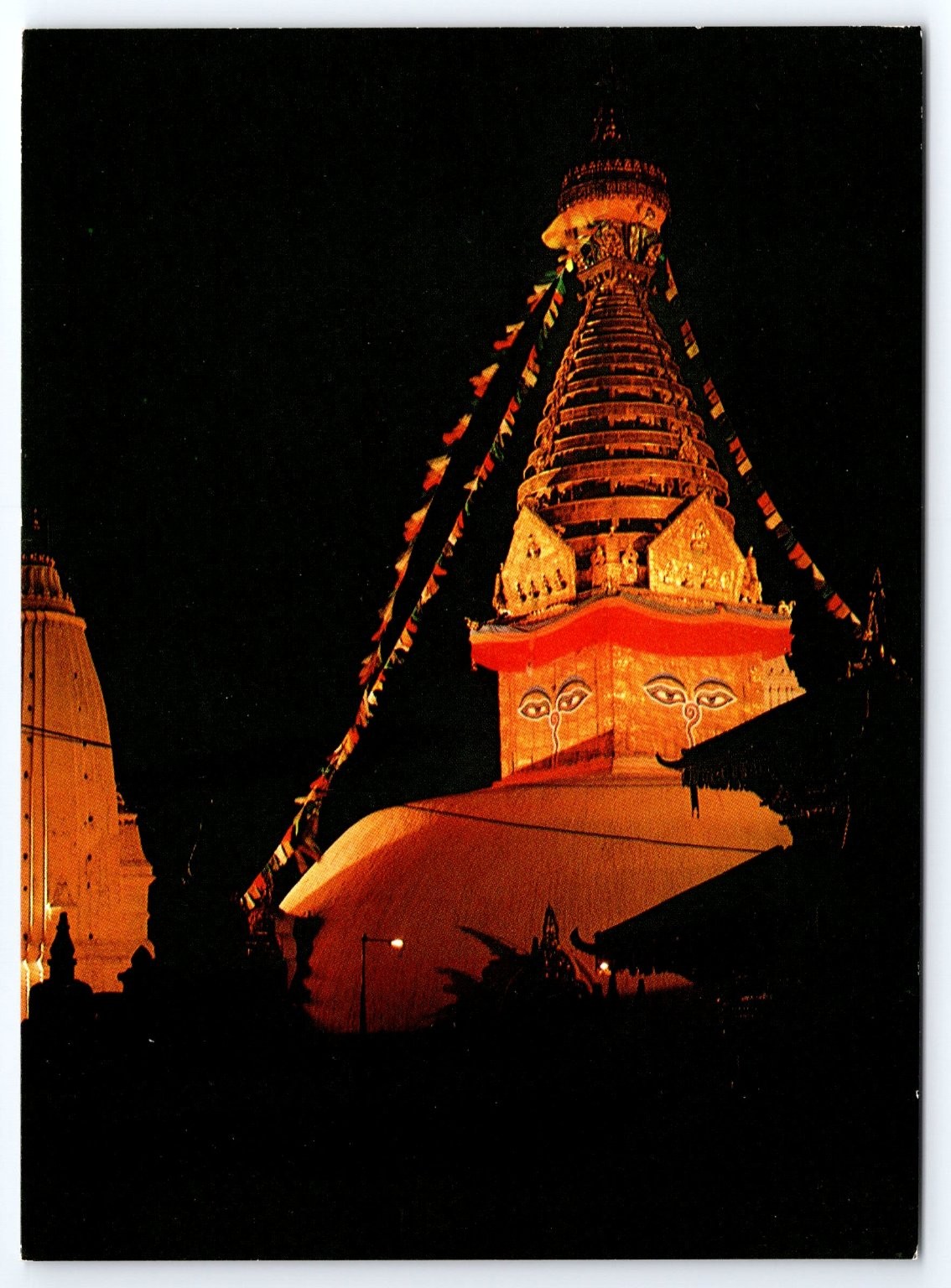 Vintage Swayambhu Stupa Temple Night View Nepal Postcard Royal Nepal Airlines