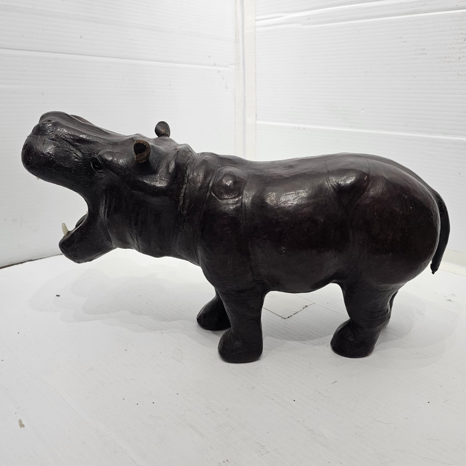 Vintage MCM Leather Wrapped Hippo Sculpture Open Mouth Glass Eyes Figurines 13”