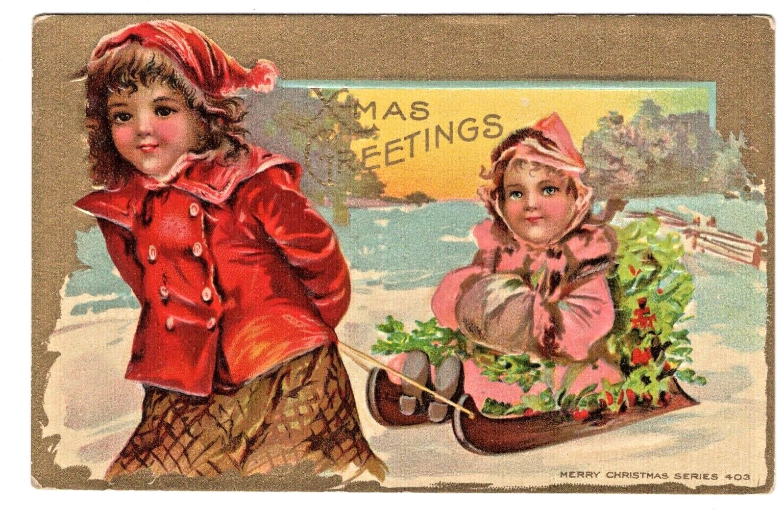 Christmas Vintage Postcard AMP Cute Girls Wood Sled Muff Hats Coats Series 403 Christmas Vintage Postcard AMP Cute Girls Wood Sled Muff Hats Coats Series 403