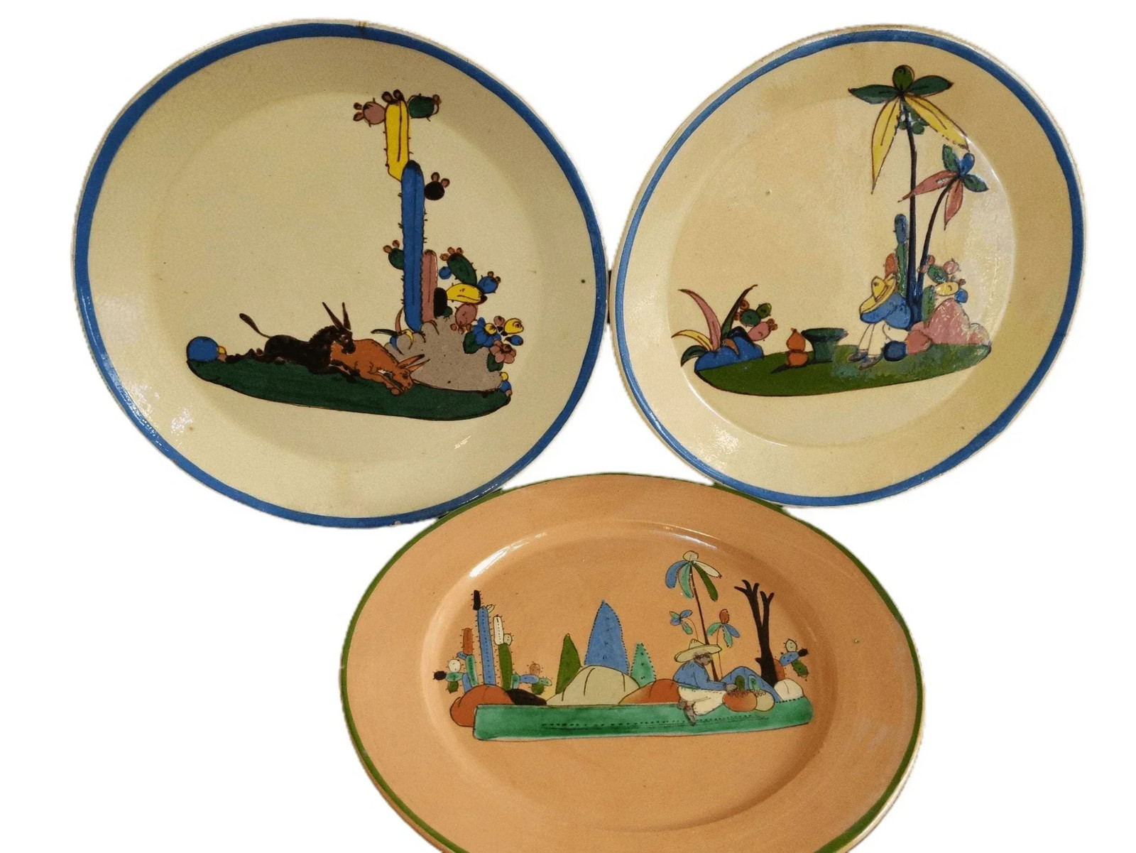 c1940 Tlaquepaque Mexican Folk Pottery Plate 9.25" lot (3 pcs) c1940 Tlaquepaque Mexican Folk Pottery Plate 9.25" lot (3 pcs)