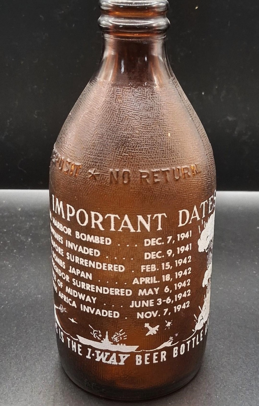 1947 WWII Important Dates 1-Way Beer Bottle Owens Illinois Duraglas RARE 1947 WWII Important Dates 1-Way Beer Bottle Owens Illinois Duraglas RARE