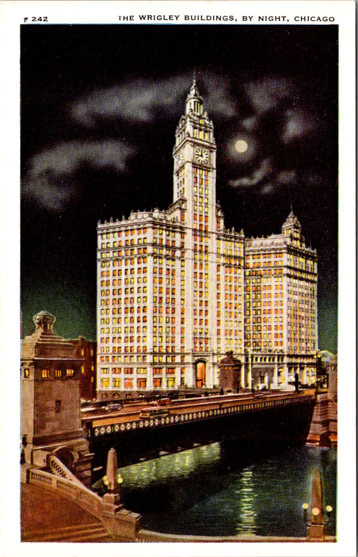 Vintage Postcard Wrigley Building By Night Chicago Illinois Lit Up Skyline