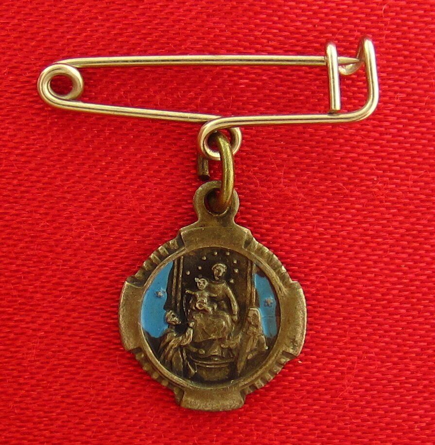 Vintage Blue Enamel MARY MADONNA OF THE ROSARY OF POMPEI Small Medal On Pin