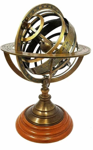 10"Antique Nautical Vintage Handmade Brass With Wood base Sphere Globe Armillary 10"Antique Nautical Vintage Handmade Brass With Wood base Sphere Globe Armillary