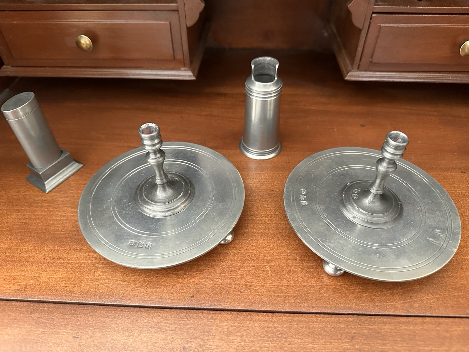 Vintage John Somers Brazil Pewter Smoker Desk Set Candlesticks Trays JS X MG 6pc Vintage John Somers Brazil Pewter Smoker Desk Set Candlesticks Trays JS X MG 6pc