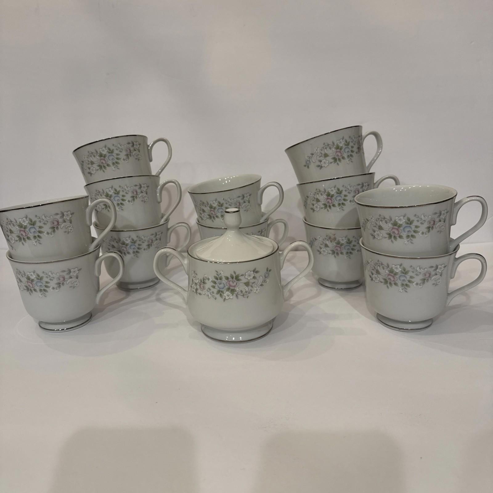 Vintage Carlton Corsage 481 12 Tea Cups And Sugar Bowl Floral W Silver Trim Vintage Carlton Corsage 481 12 Tea Cups And Sugar Bowl Floral W Silver Trim
