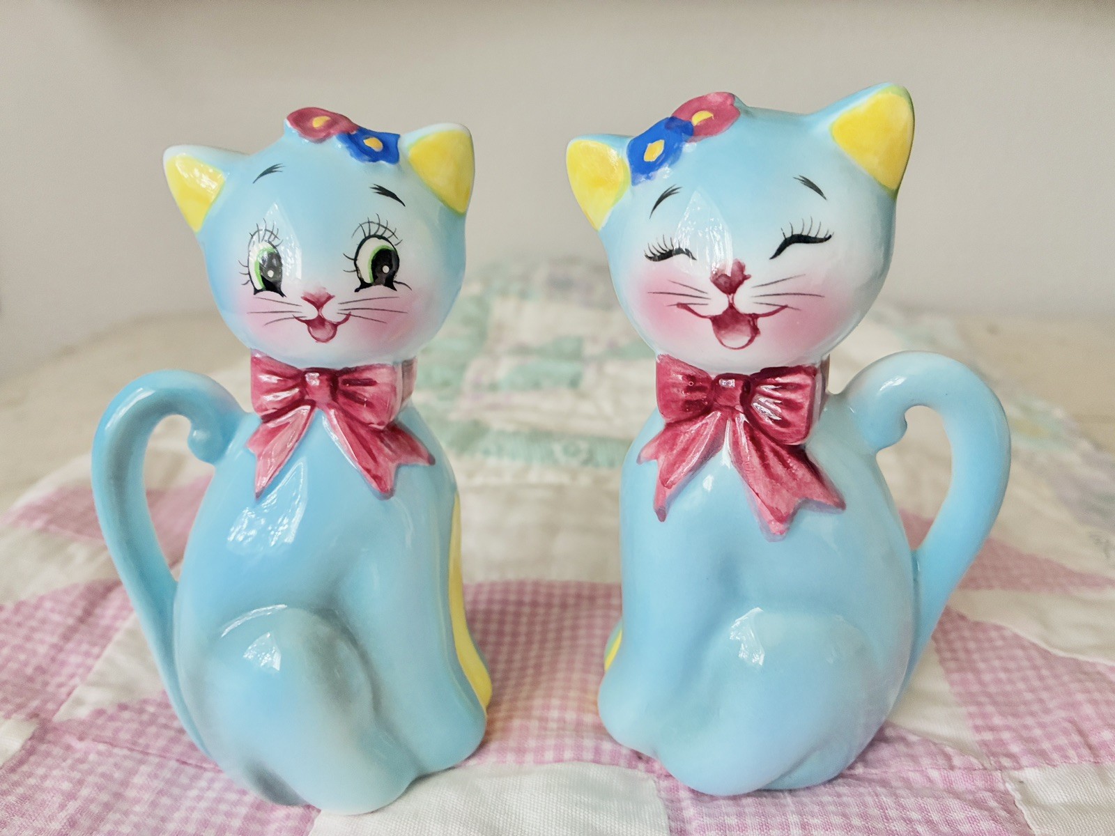 Vintage MCM Norcrest Japan Blue Ceramic Cat Salt & Pepper Shakers Set Figurines