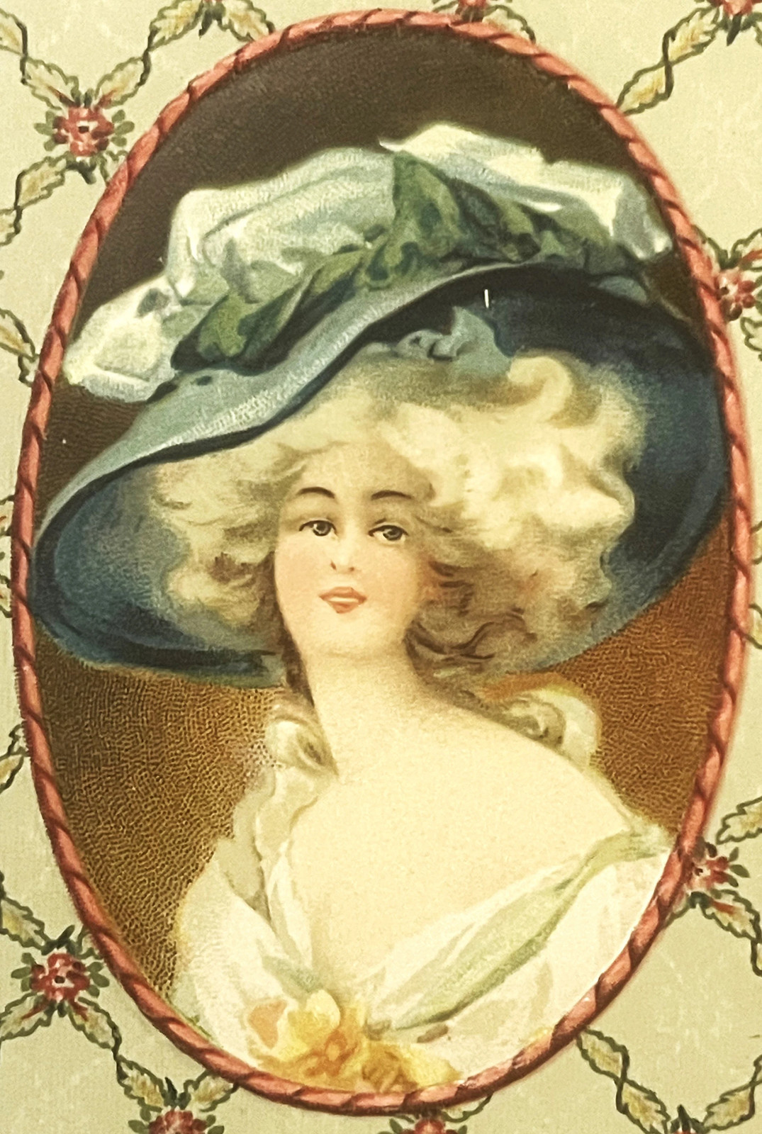 Antique 1800s Victorian Candy Box Insert 👒 Blue Hat Lady German Chromolith NOS Antique 1800s Victorian Candy Box Insert 👒 Blue Hat Lady German Chromolith NOS