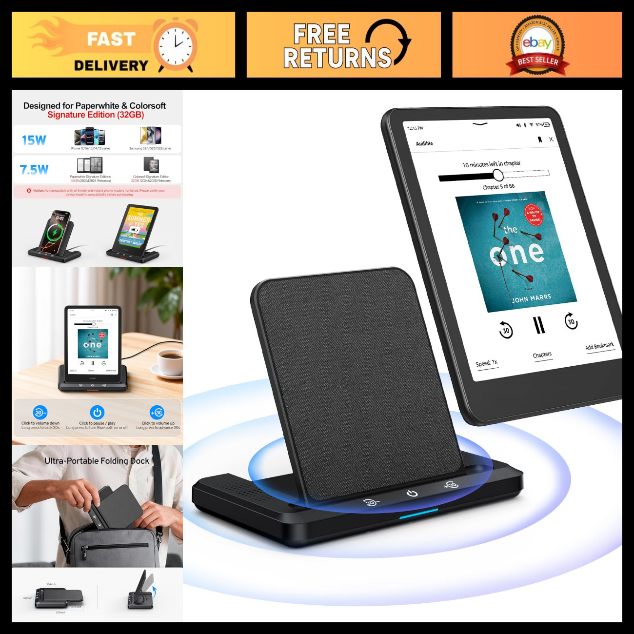 Wireless Charging Dock for iPhone Kindle Signature, Audiobook Speaker