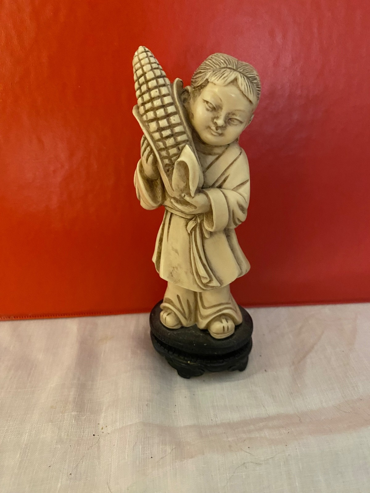 Vintage Asian Carved Figure Boy w Corn on Wood Stand 4 3/4” Vintage Asian Carved Figure Boy w Corn on Wood Stand 4 3/4”