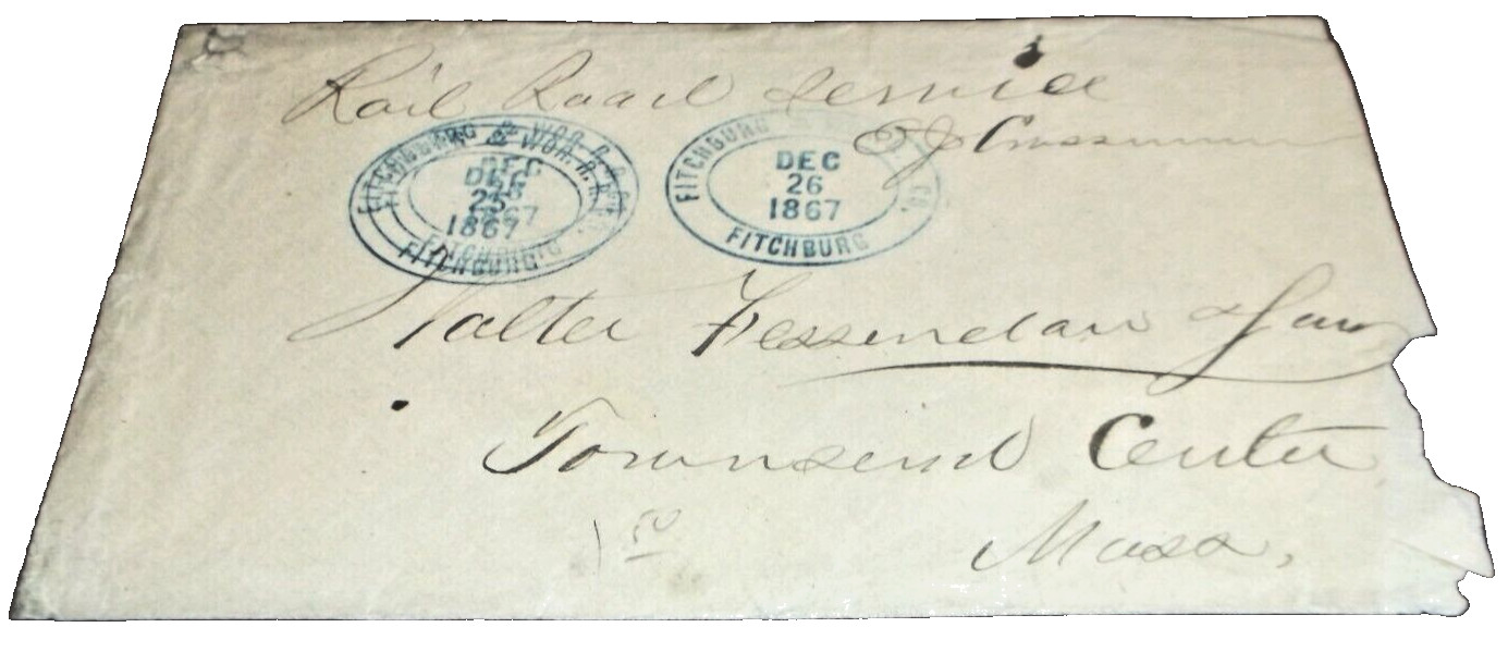 DECEMBER 1867 FITCHBURG & WORCESTER RAILROAD SERVICE ENVELOPE