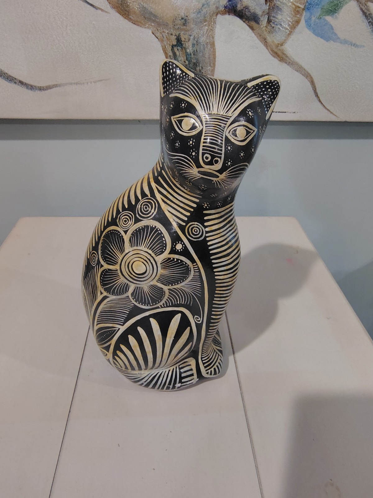 Vintage Folk Art Black & White Carved Pottery Cat Coin Bank Figurine 13.5"
