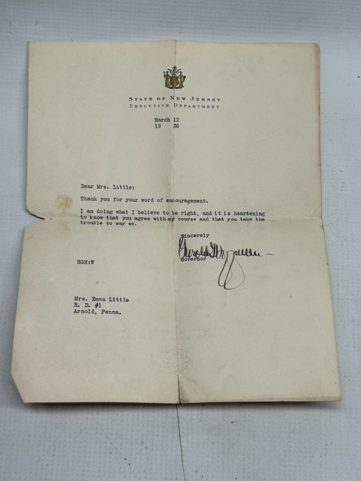 Vintage 1936 Letter by Govenor New Jersey Harold G. Hoffman SIGNED