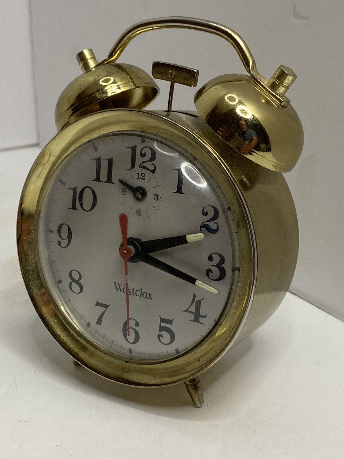 Vintage Gold Tone Westclox - Double Bell Alarm Clock - with Handle. Manual Wind