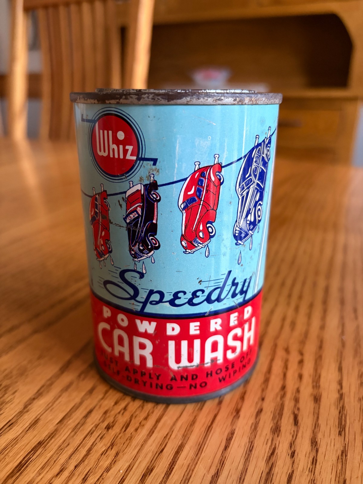 Vintage 1940s 6oz. Size Whiz Speedry Car Wash Lithographed Advertising Tin Can Vintage 1940s 6oz. Size Whiz Speedry Car Wash Lithographed Advertising Tin Can