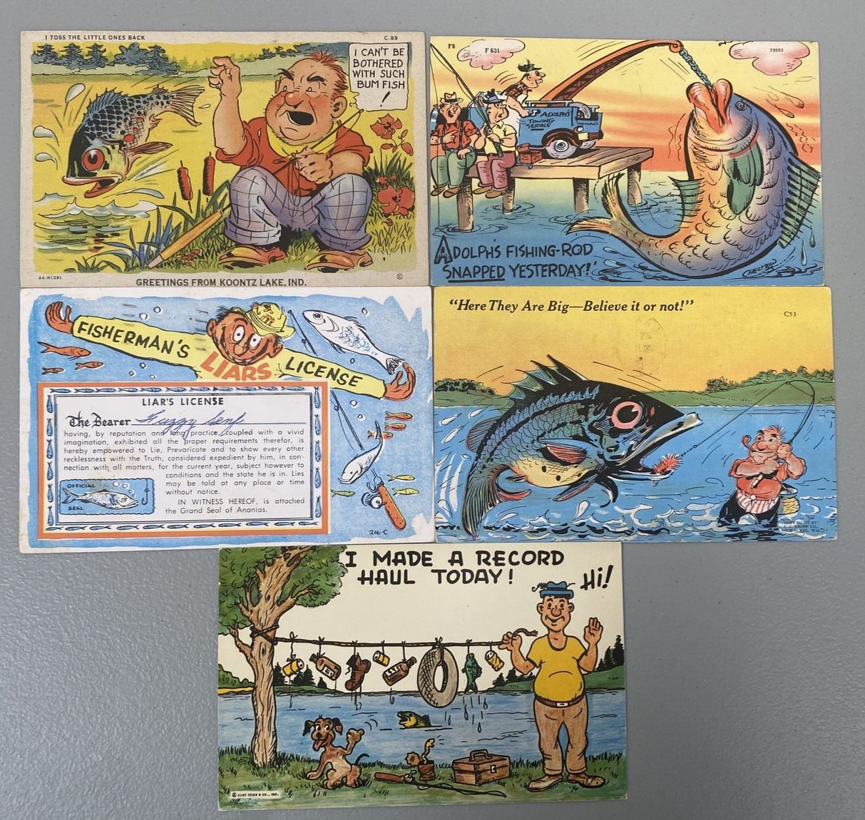 Vintage Fishing Postcard Comic Kropp Liars License Fish Dog Fisherman 1940 1950s